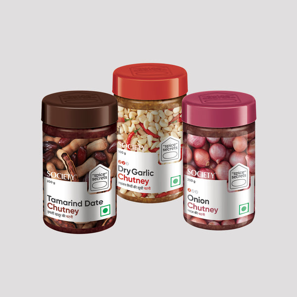 Onion Chutney + Dry Garlic Chutney + Tamarind Date Chutney