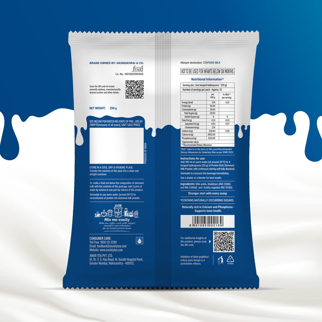 Back of the Society Protein pack showing the full nutritional information panel and instructions for use
